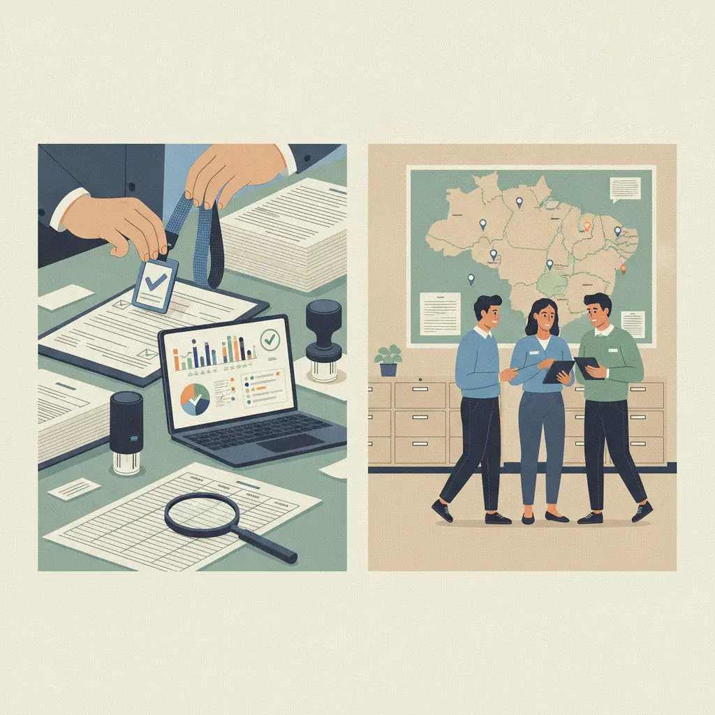 Ilustração editorial de recenseadores da educação superior atualizando cadastro: mãos com crachá e clipboard, laptop com dashboard abstrato, mapa do Brasil com alfinetes e profissionais trabalhando.