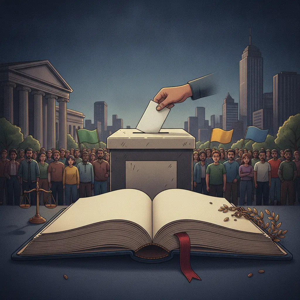 Ilustração editorial de uma constituição aberta, urna de votação e multidão, simbolizando redemocratização e direitos civis.