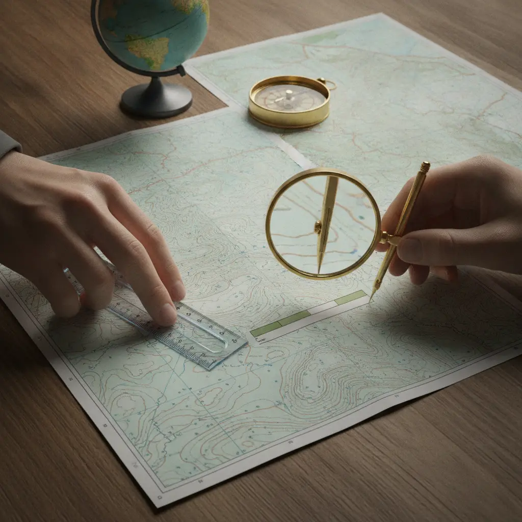 Mãos medindo distâncias num mapa topográfico com régua, compasso, barra de escala sem números e um pequeno globo.