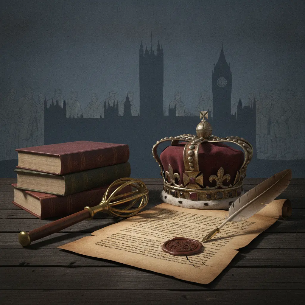 Coroa sombreada sobre mesa com pergaminho, livros jurídicos e o Parlamento de Westminster ao fundo.