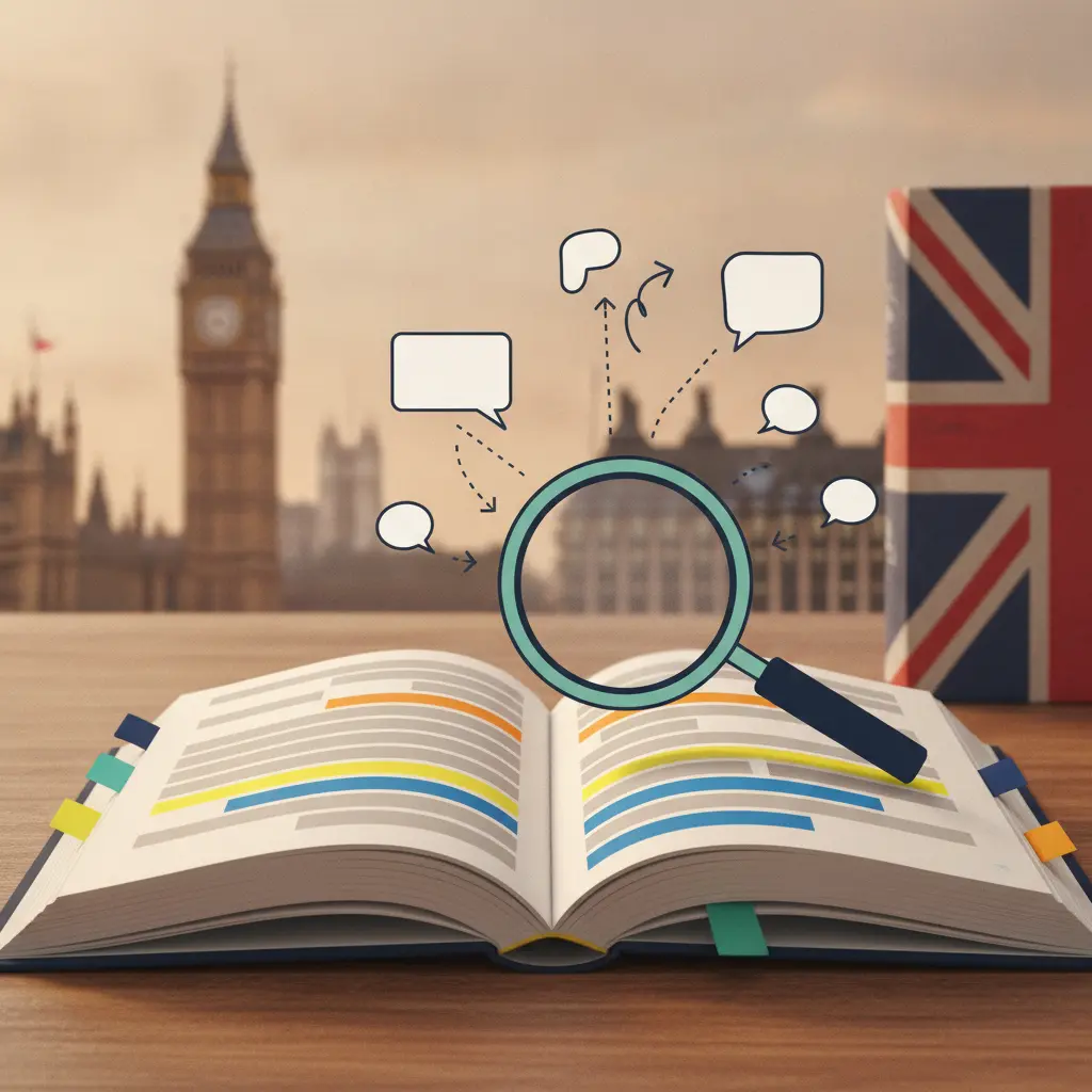 Ilustração de livro de inglês aberto com linhas destacadas por marcadores coloridos, lupa sobre uma frase e skyline de Londres desfocado ao fundo.