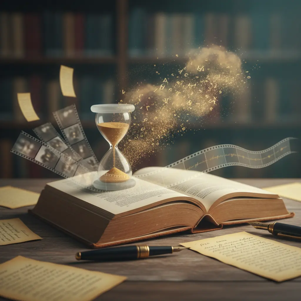 Livro aberto cujas páginas se transformam em linha do tempo, ampulheta e painéis sobrepostos que representam ordem, duração e frequência narrativa.