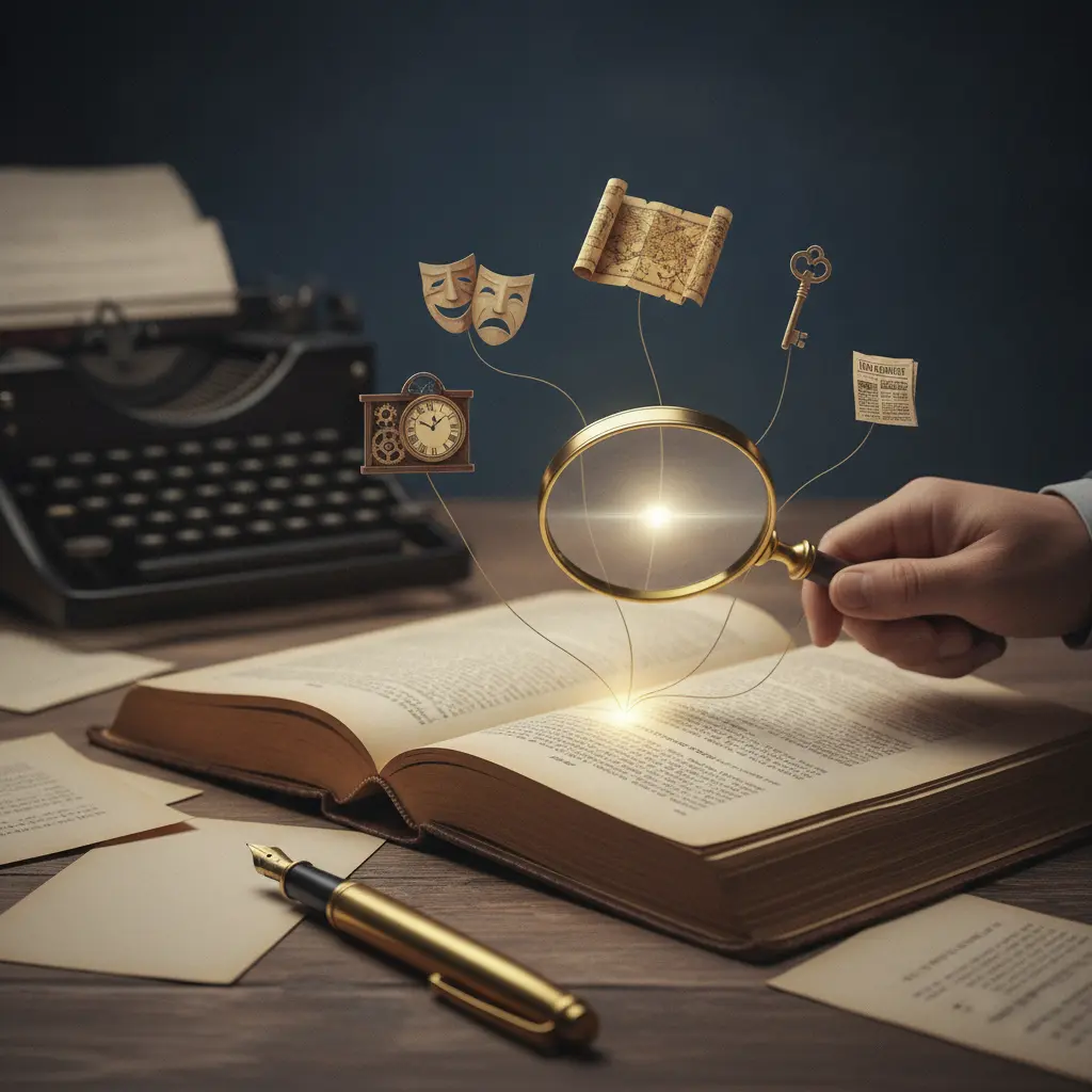 Livro aberto com lupa revelando um nó luminoso que se ramifica em dioramas (máscara, mapa, relógio, chave), representando sentidos distintos de uma palavra.