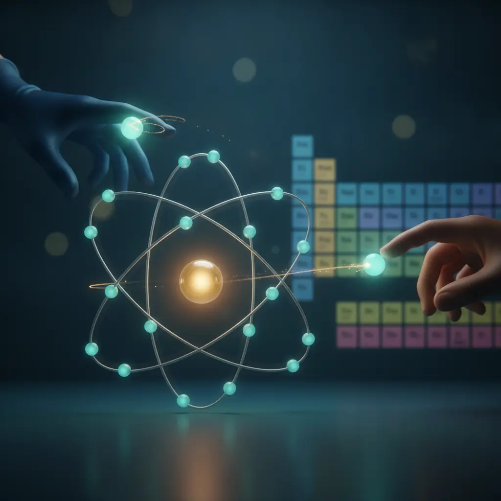 Ilustração editorial de átomo com elétrons sendo removidos e capturados, mostrando configuração eletrônica de íons, com grade periódica abstrata ao fundo.
