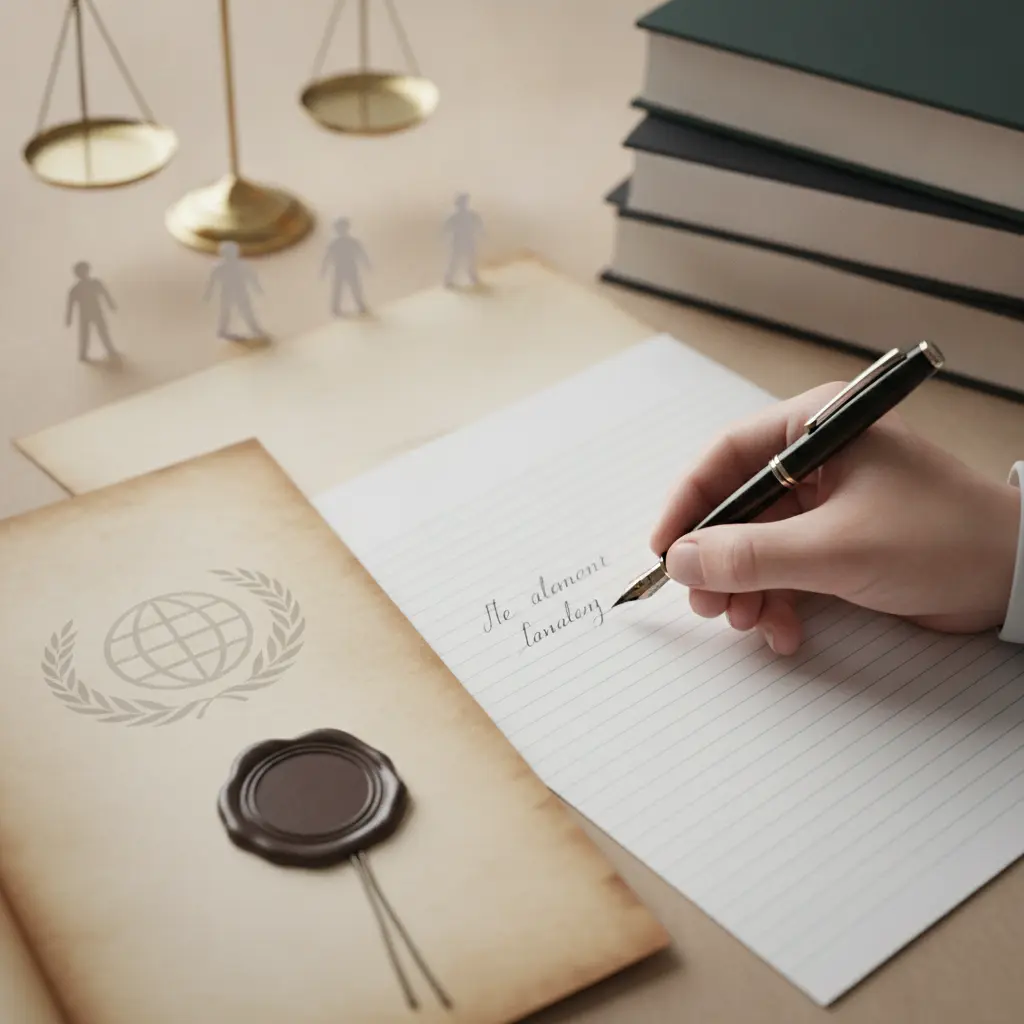 Mão escrevendo uma redação com caneta-tinteiro, ao lado documentos oficiais sem texto, selo em relevo, livros e símbolos de direitos humanos desfocados.