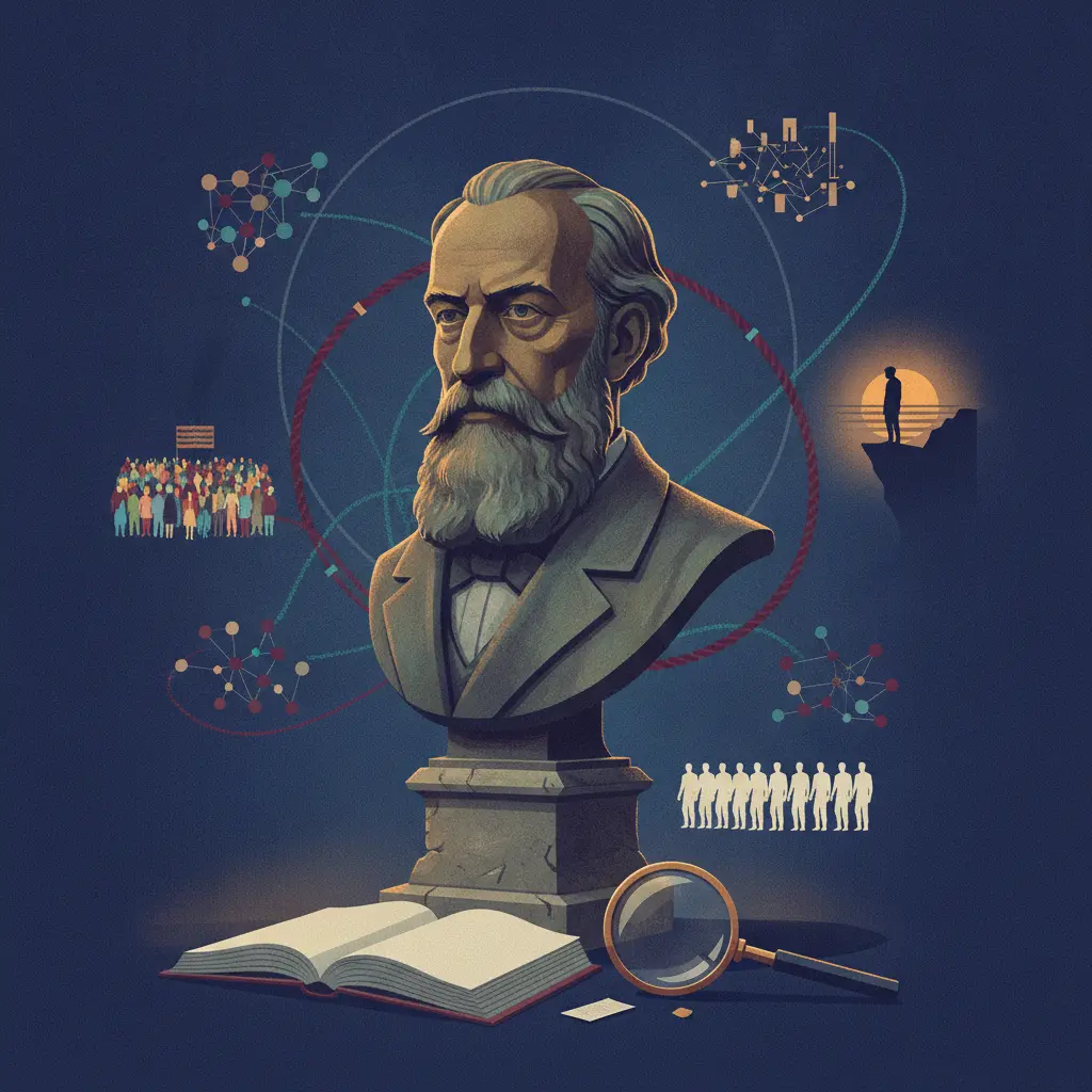Ilustração editorial com busto estilizado de Durkheim rodeado por diagramas e silhuetas que representam tipos de integração social e o tema do suicídio.