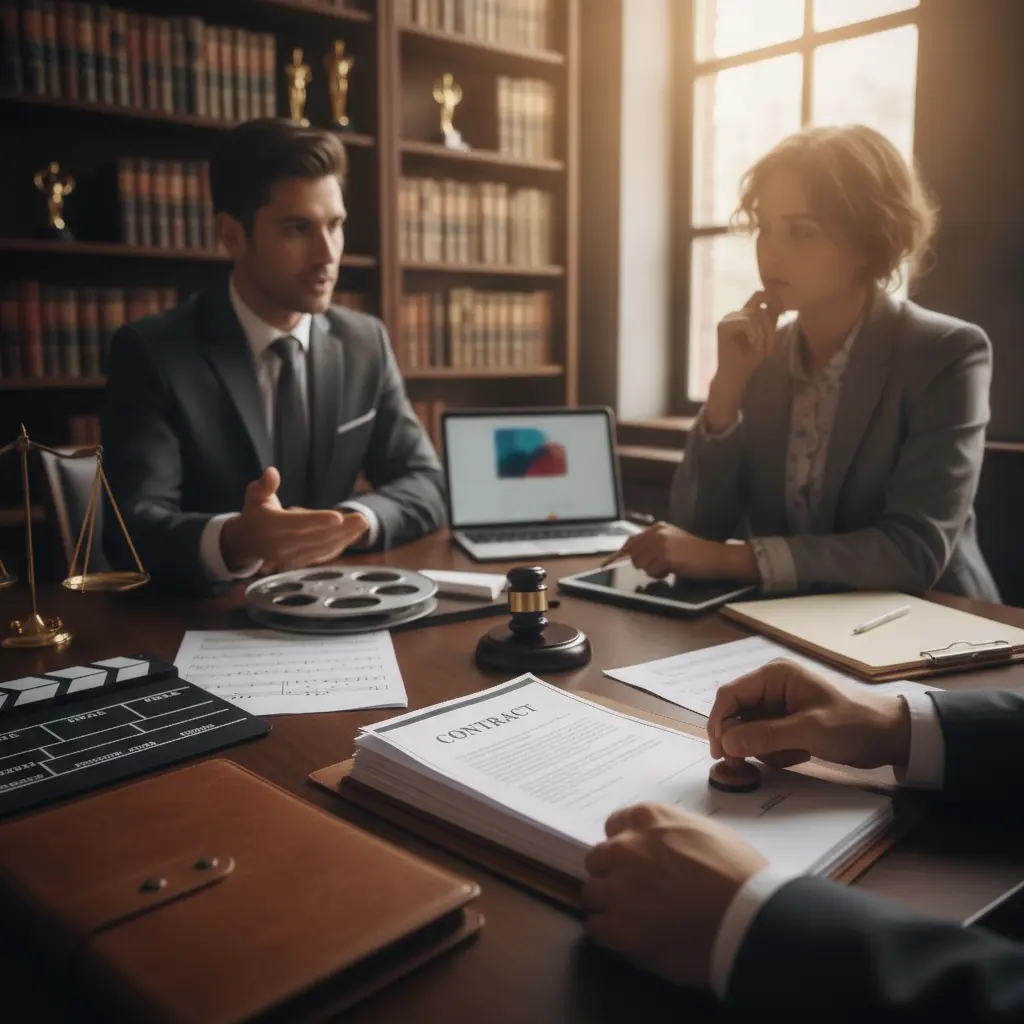 Advogado e criador negociando contrato de direito do entretenimento num escritório com clapperboard, vinil e balança da justiça ao fundo.