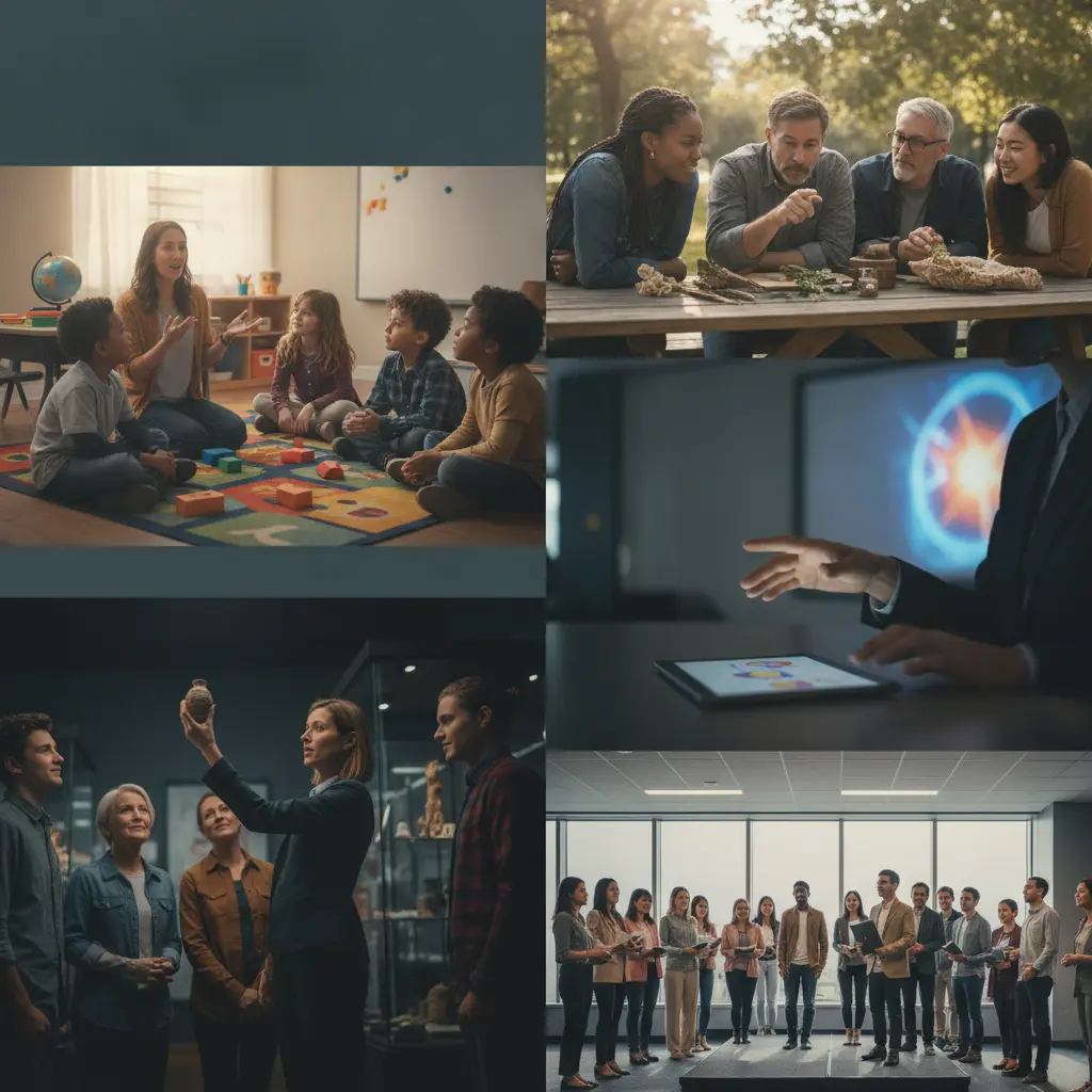 Montagem editorial de professores atuando na escola, em oficina comunitária, museu, treinamento corporativo e conferência.