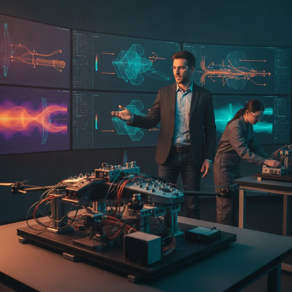 Engenheiro em laboratório de simulação apontando para telas com visualizações 3D enquanto técnico ajusta protótipo instrumentado.