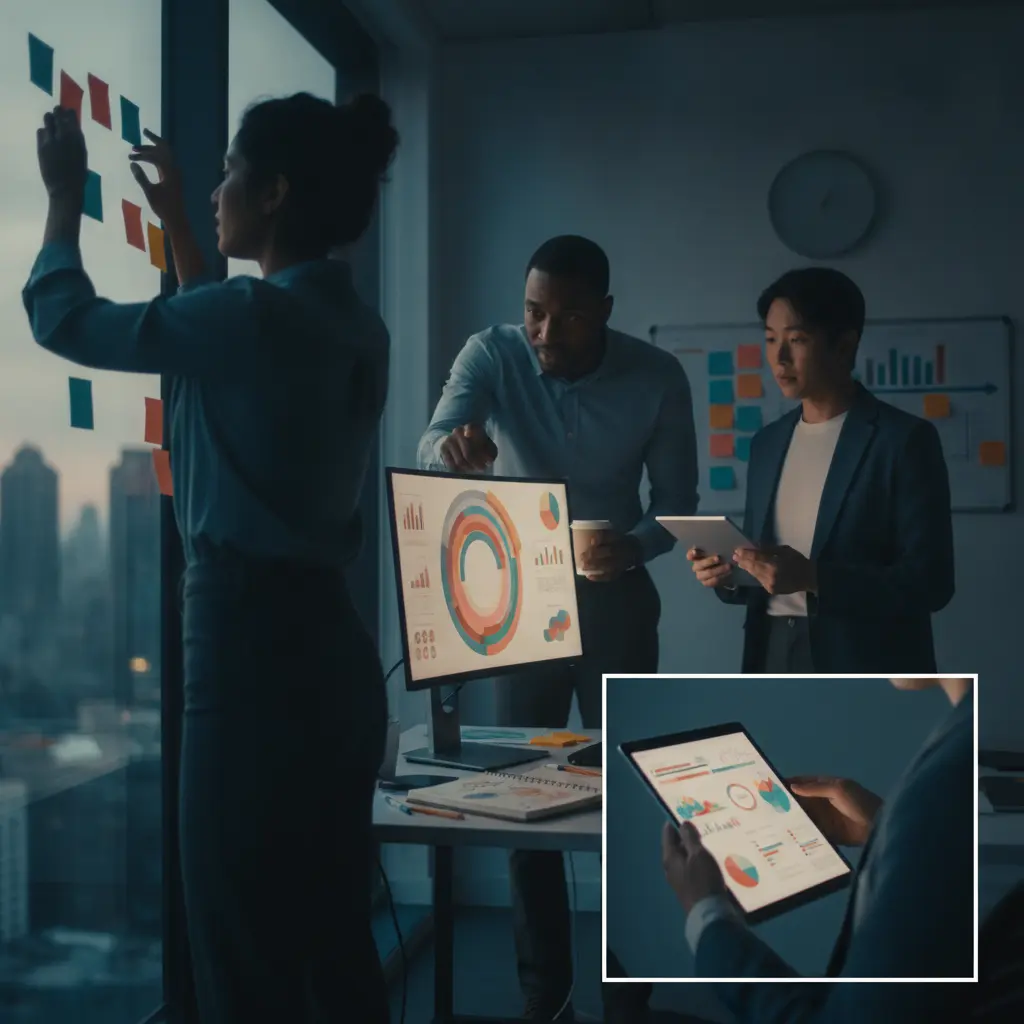 Equipe de marketing em ação num escritório, com dashboards, post-its e hands-on mostrando rotina focada em dados e prazos.