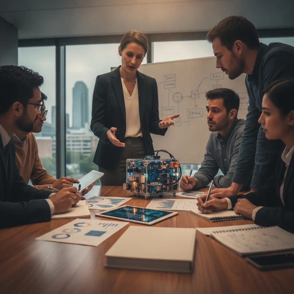 Profissional apresentando protótipo e dados a colegas em ambiente real, simbolizando pós-graduação aplicada e autoridade técnica.