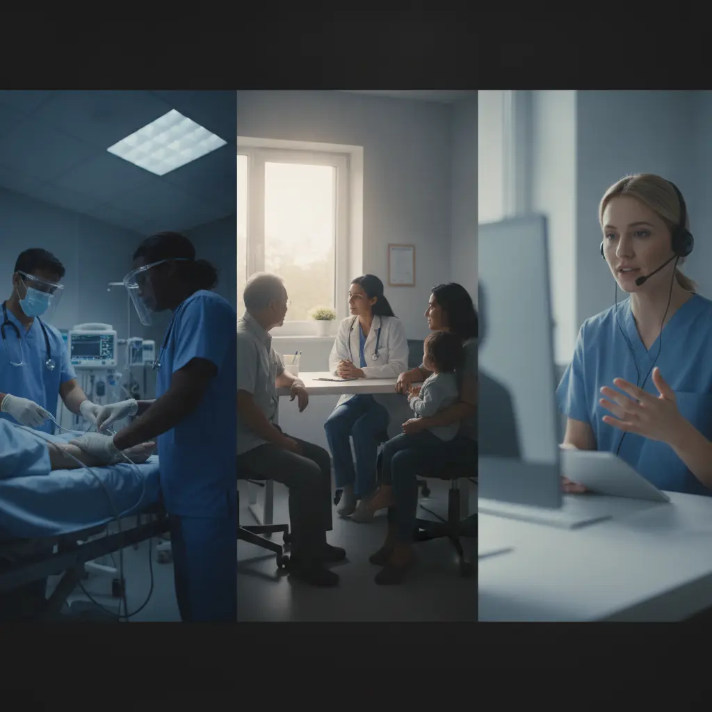 Profissionais de saúde em três jornadas: plantão de emergência, UBS comunitária e consulta por telemedicina, representadas lado a lado.