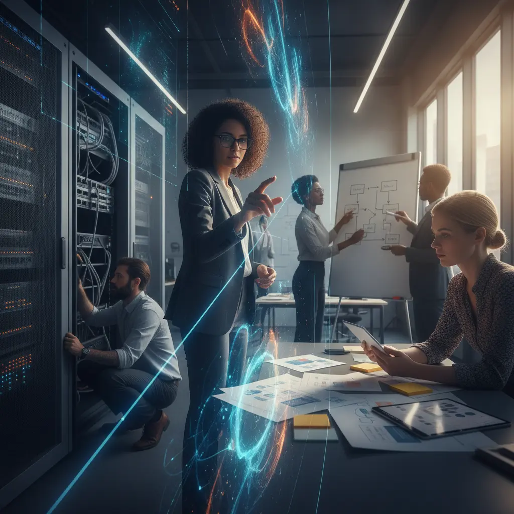 Equipe de tecnologia diversa trabalhando em diferentes subáreas (data science, UX, infraestrutura, produto) com displays e quadros, iluminação cinematográfica.